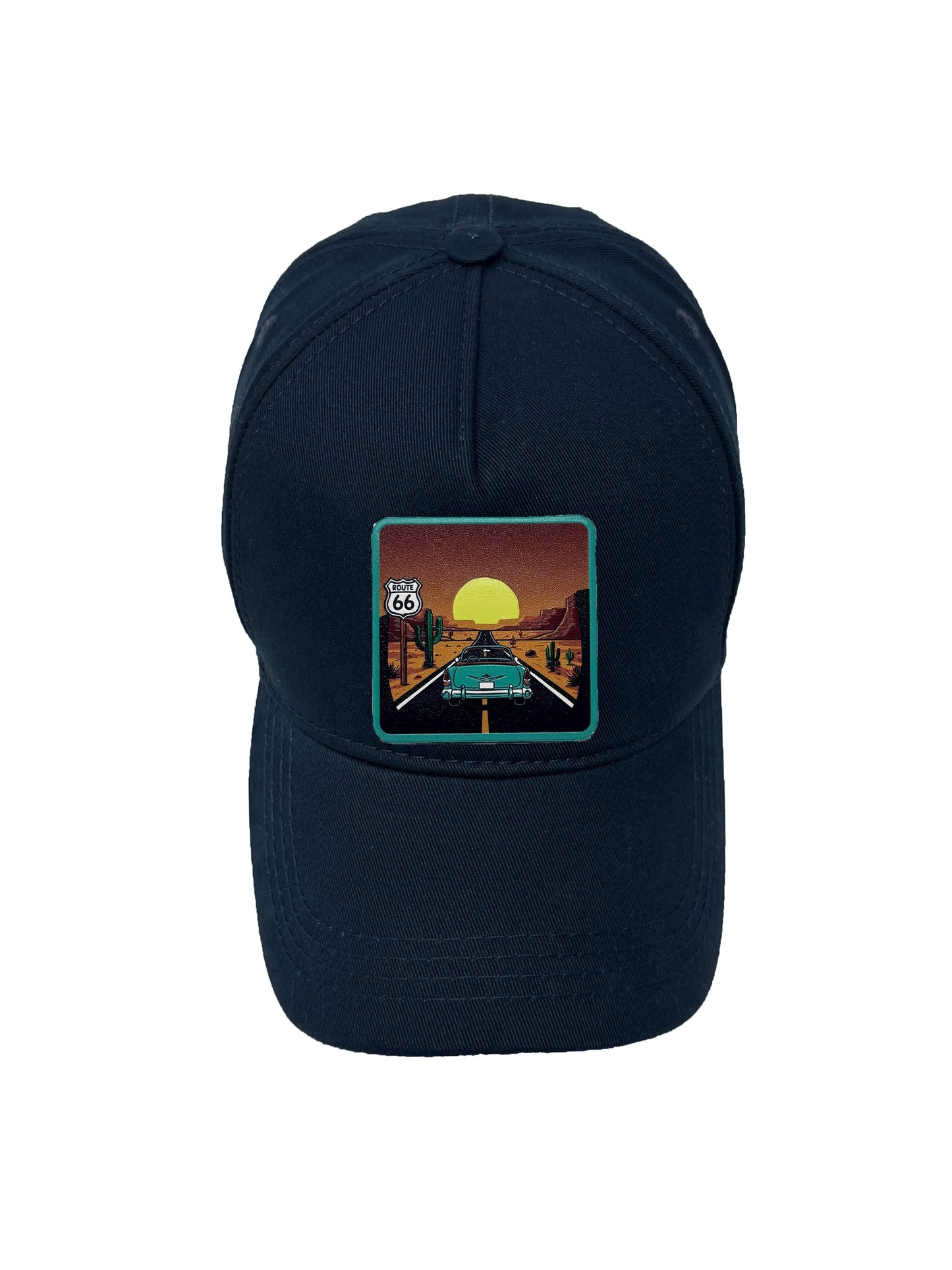 Route 66 | Embossed Removable Patch 5 Panel Baseball Hat – %100 Cotton, Adjustable Strapback, Curved Bill , One Size Fits Most