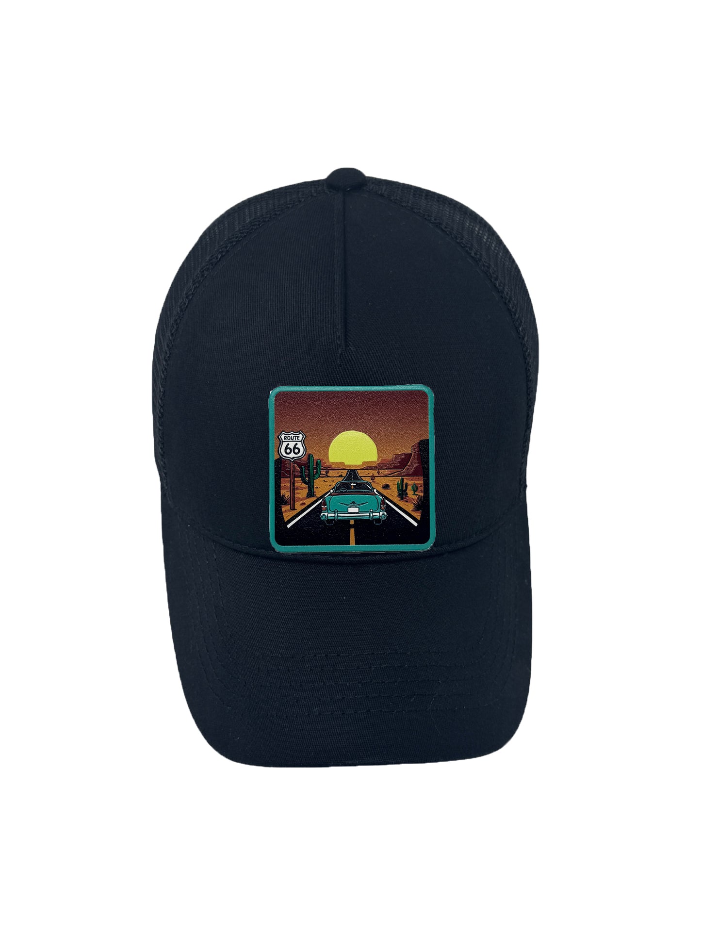 Route 66 | Embossed Removable Patch Trucker Hat – Adjustable Snapback, Breathable Mesh, One Size Fits Most