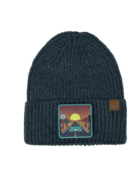 Route 66 | Embossed Removable Patch Beanie - Wool Blend, Soft, Warm, One Size Fits All
