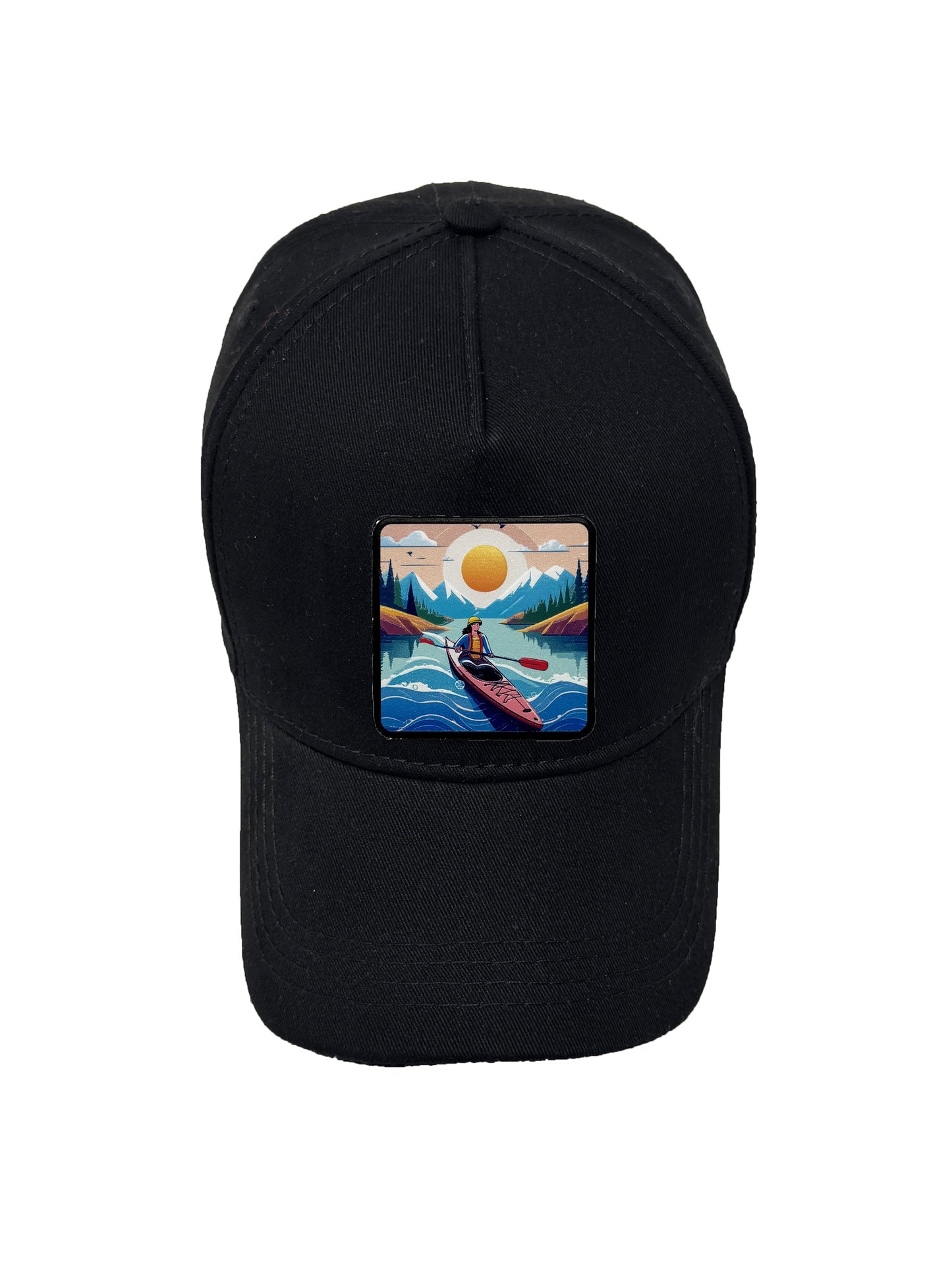 Sunset Kayak | Embossed Removable Adventure Patch 5 Panel Baseball Hat – %100 Cotton, Adjustable Strapback, Curved Bill , One Size Fits Most