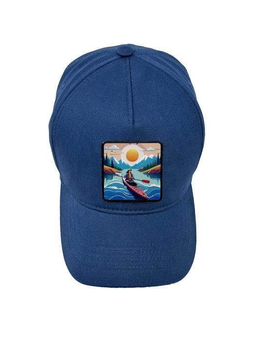 Sunset Kayak | Embossed Removable Adventure Patch 5 Panel Baseball Hat – %100 Cotton, Adjustable Strapback, Curved Bill , One Size Fits Most