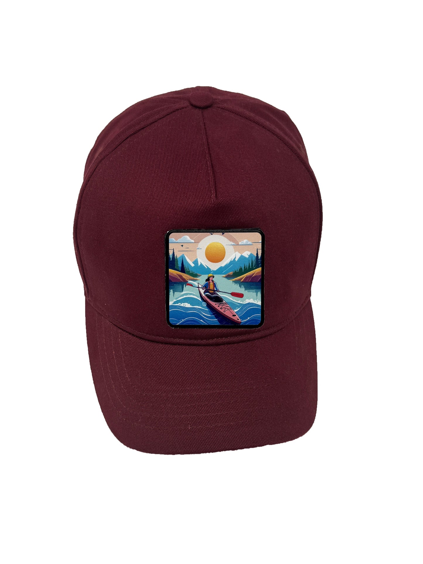 Sunset Kayak | Embossed Removable Adventure Patch 5 Panel Baseball Hat – %100 Cotton, Adjustable Strapback, Curved Bill , One Size Fits Most