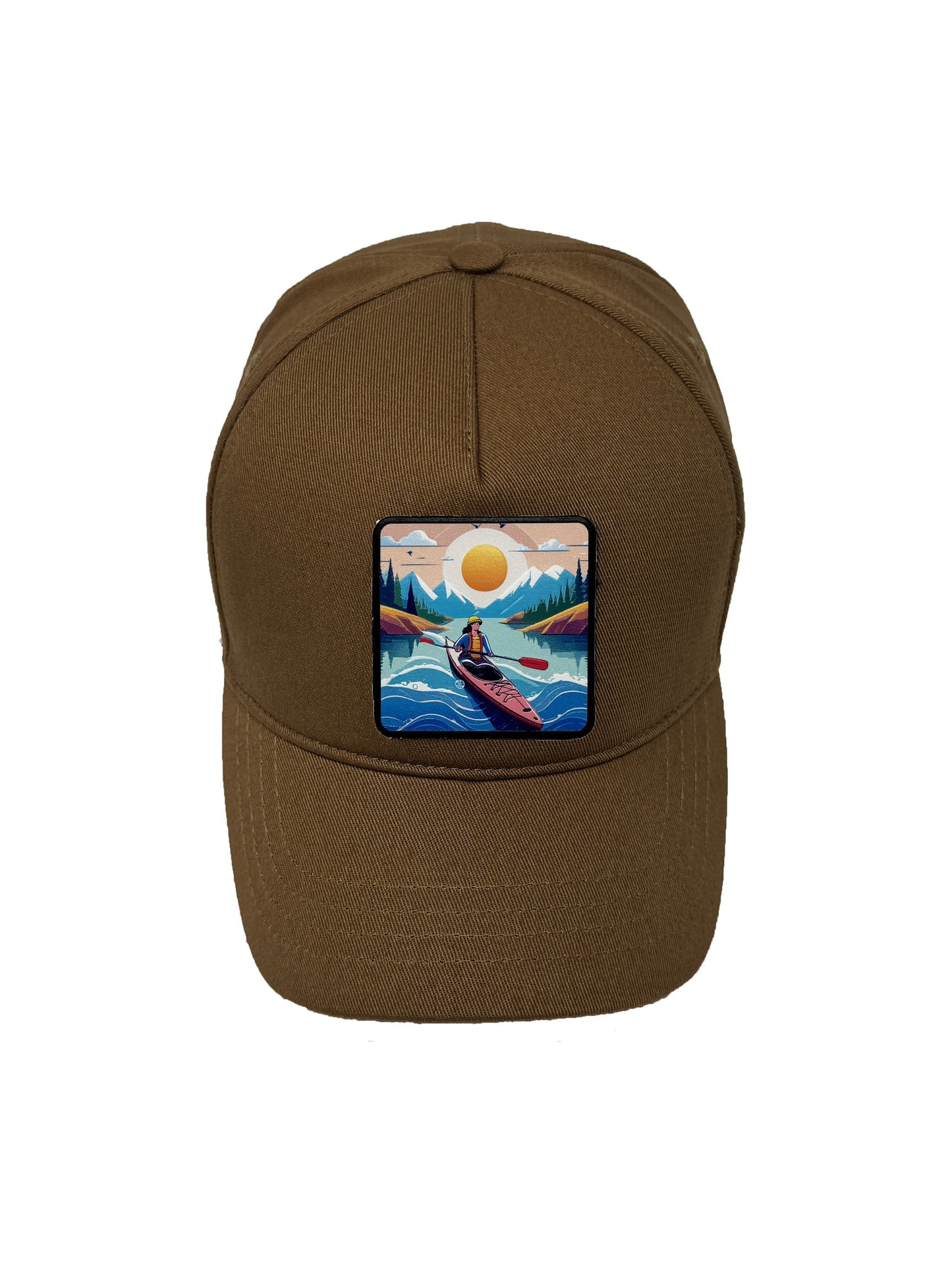 Sunset Kayak | Embossed Removable Adventure Patch 5 Panel Baseball Hat – %100 Cotton, Adjustable Strapback, Curved Bill , One Size Fits Most