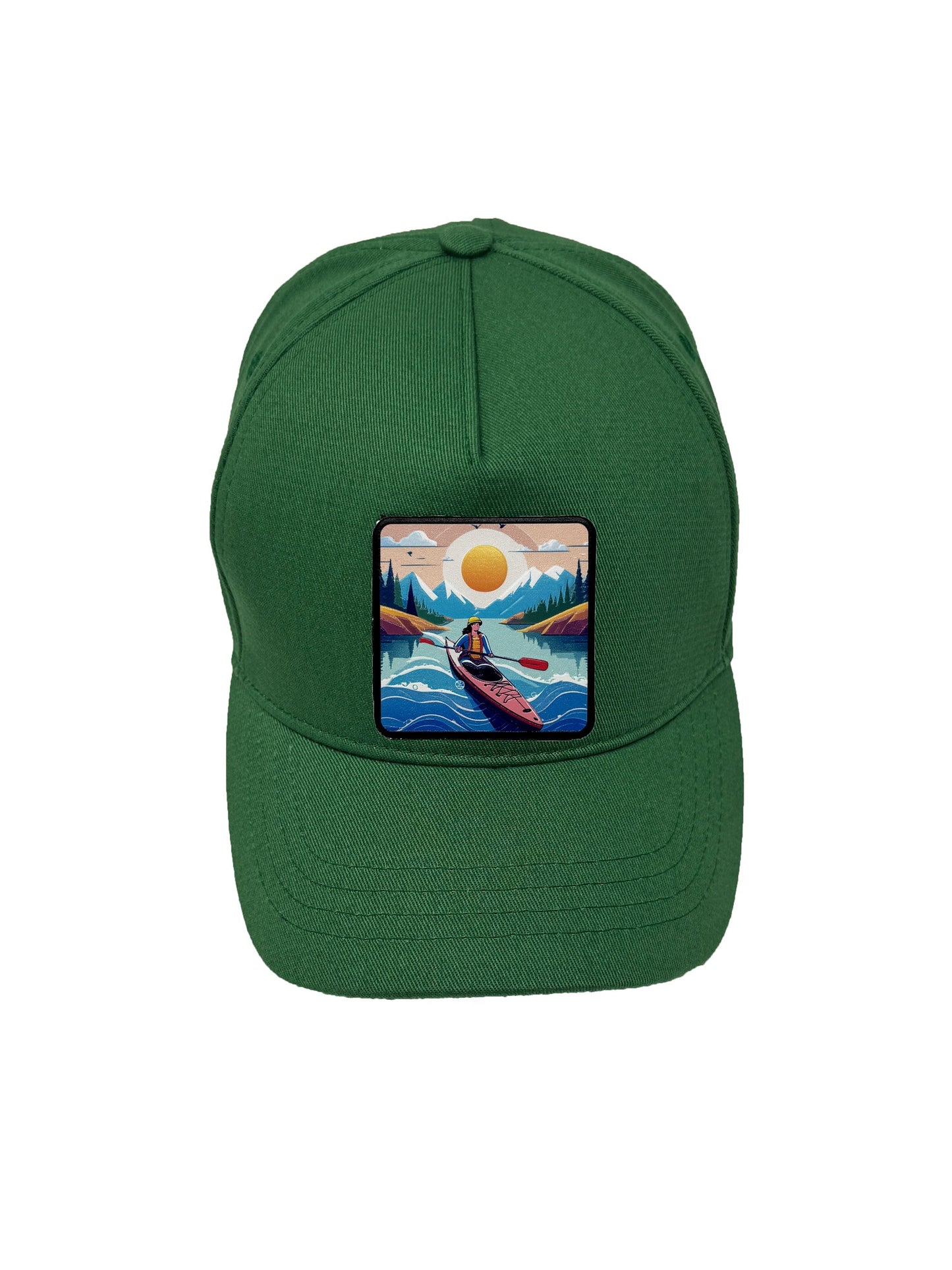 Sunset Kayak | Embossed Removable Adventure Patch 5 Panel Baseball Hat – %100 Cotton, Adjustable Strapback, Curved Bill , One Size Fits Most