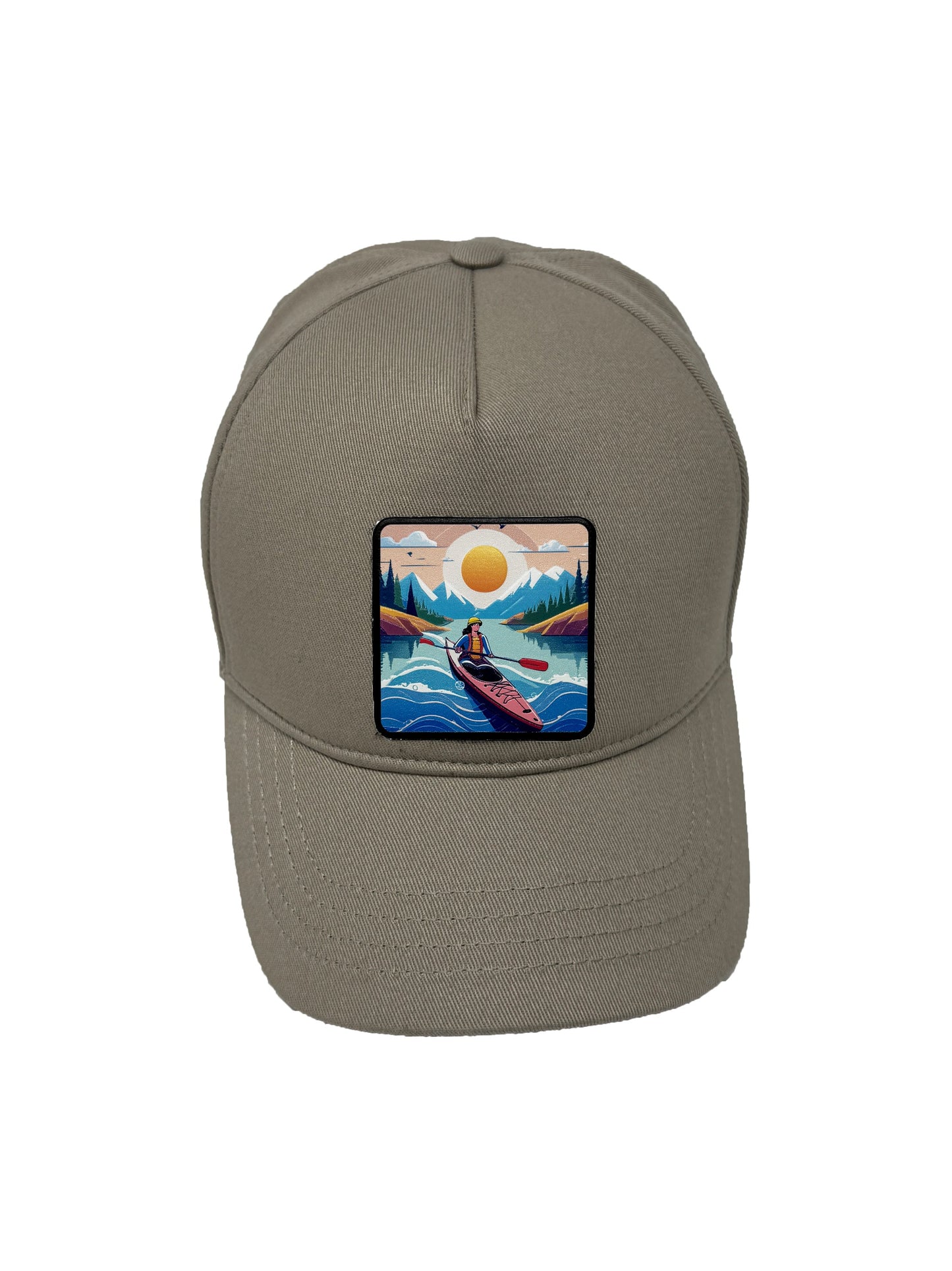 Sunset Kayak | Embossed Removable Adventure Patch 5 Panel Baseball Hat – %100 Cotton, Adjustable Strapback, Curved Bill , One Size Fits Most