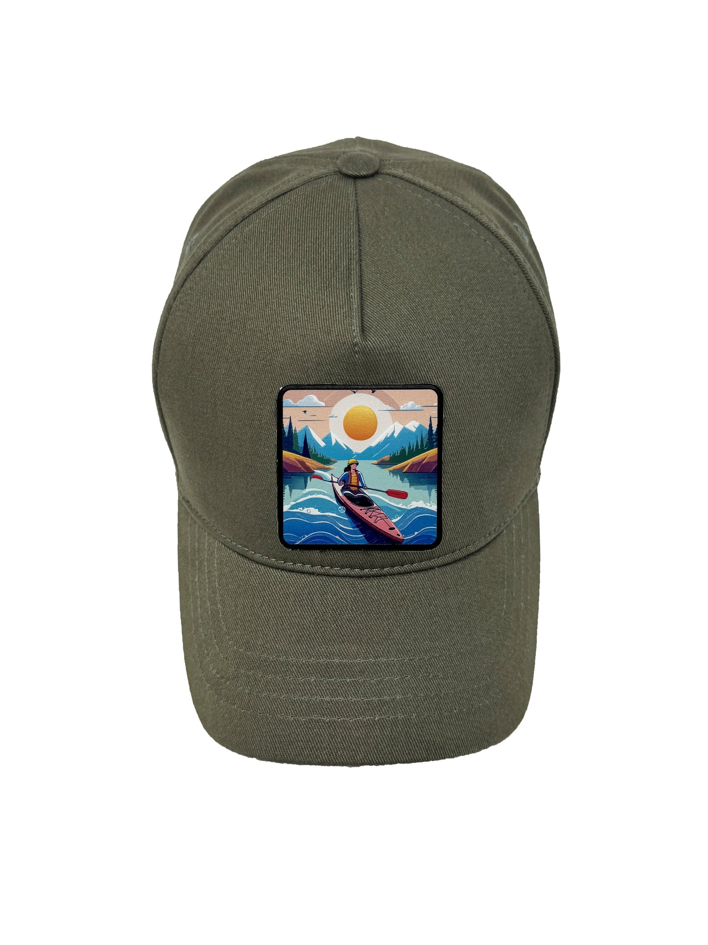 Sunset Kayak | Embossed Removable Adventure Patch 5 Panel Baseball Hat – %100 Cotton, Adjustable Strapback, Curved Bill , One Size Fits Most