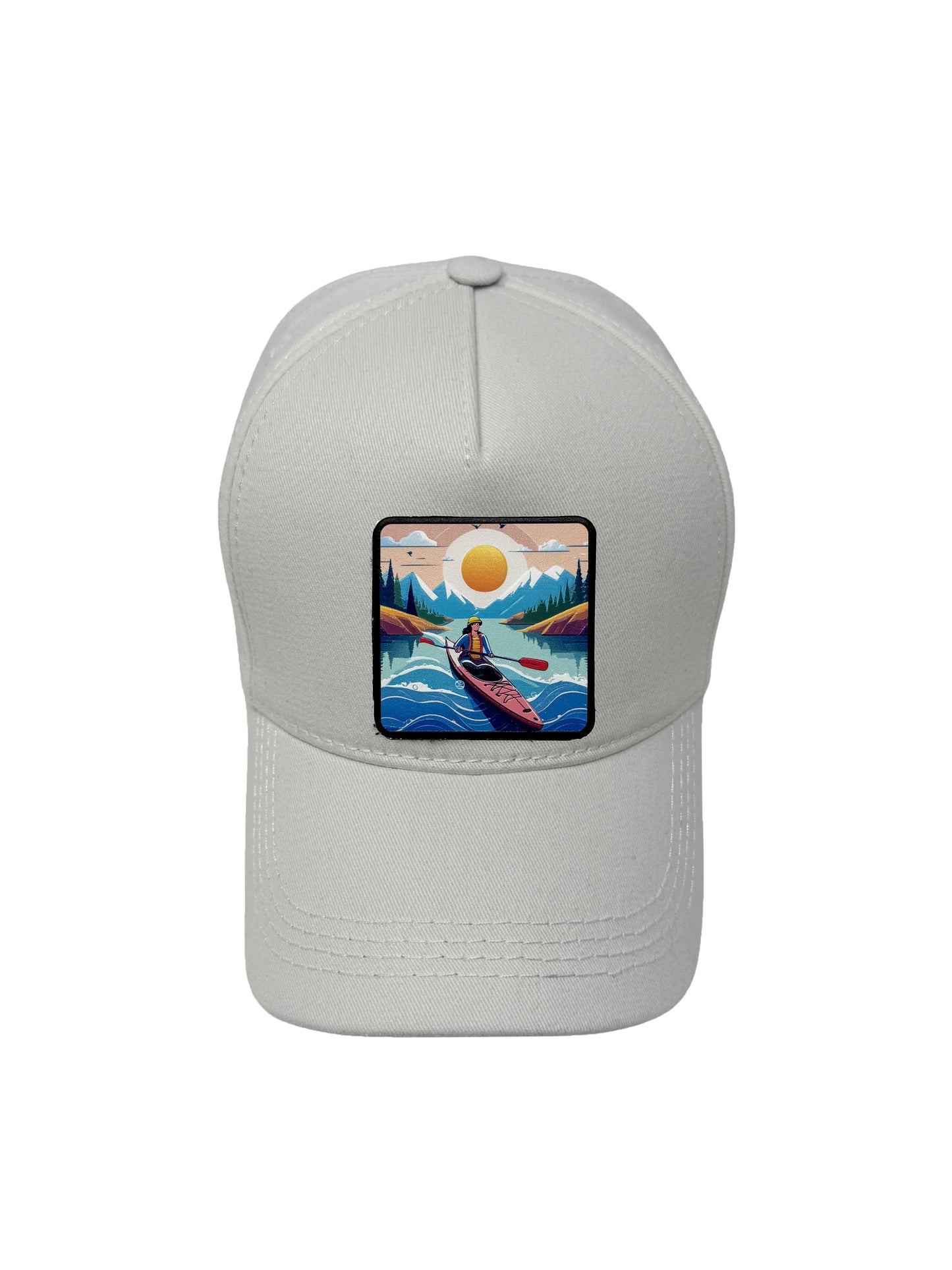 Sunset Kayak | Embossed Removable Adventure Patch 5 Panel Baseball Hat – %100 Cotton, Adjustable Strapback, Curved Bill , One Size Fits Most