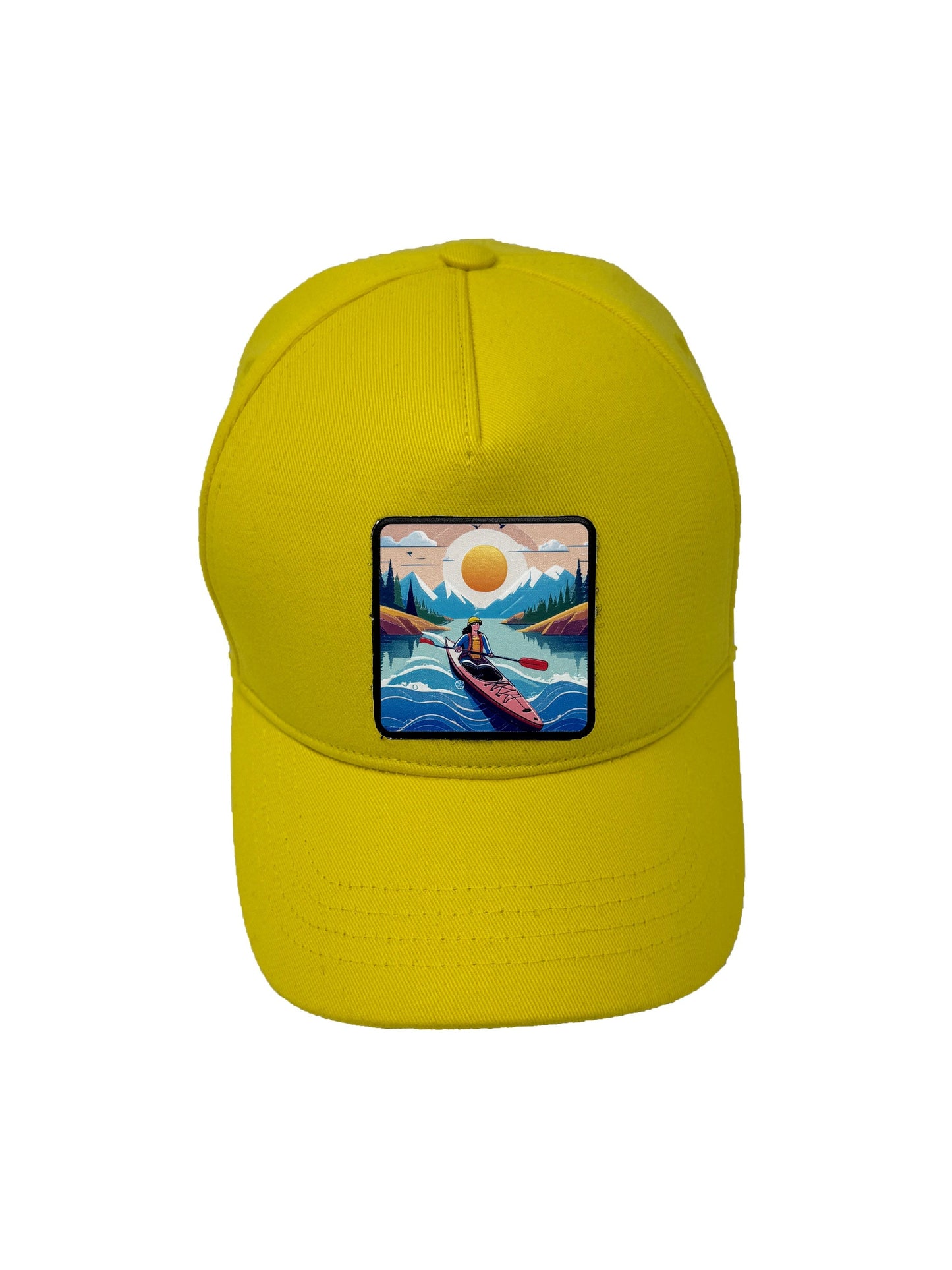 Sunset Kayak | Embossed Removable Adventure Patch 5 Panel Baseball Hat – %100 Cotton, Adjustable Strapback, Curved Bill , One Size Fits Most
