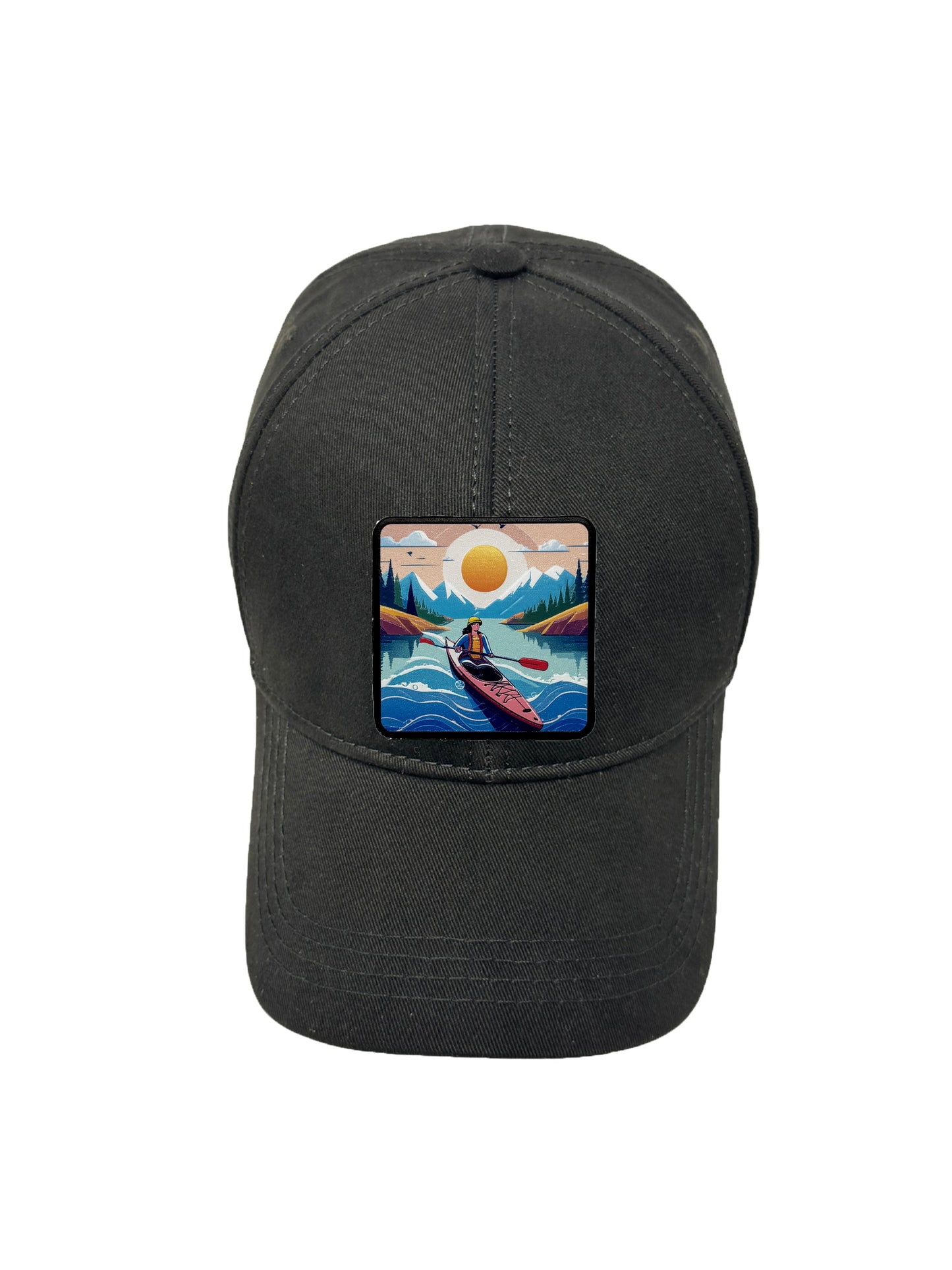 Sunset Kayak | Embossed Removable Adventure Patch 6 Panel Baseball Hat – %100 Cotton, Adjustable Strapback, Curved Bill , One Size Fits Most