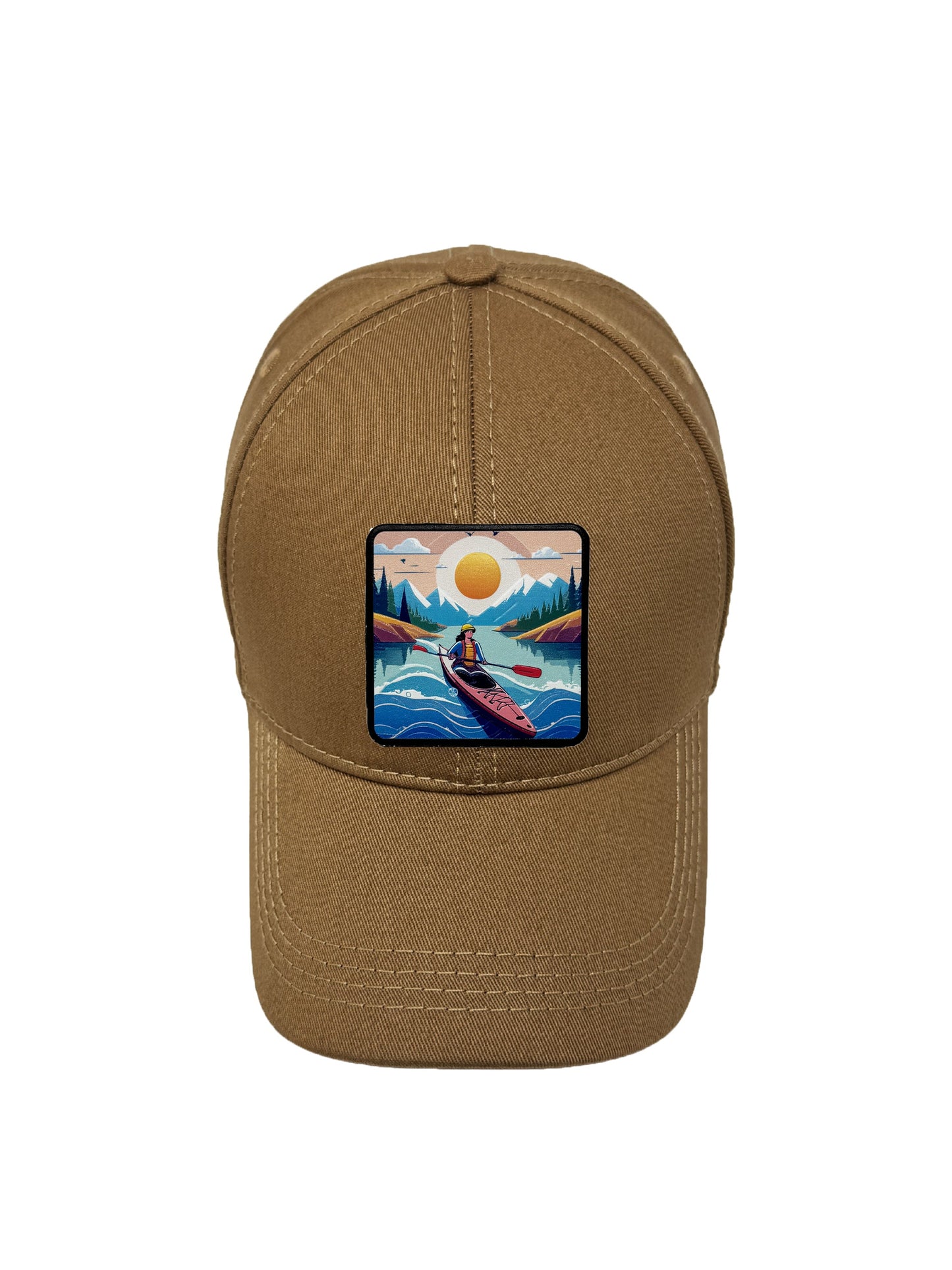 Sunset Kayak | Embossed Removable Adventure Patch 6 Panel Baseball Hat – %100 Cotton, Adjustable Strapback, Curved Bill , One Size Fits Most