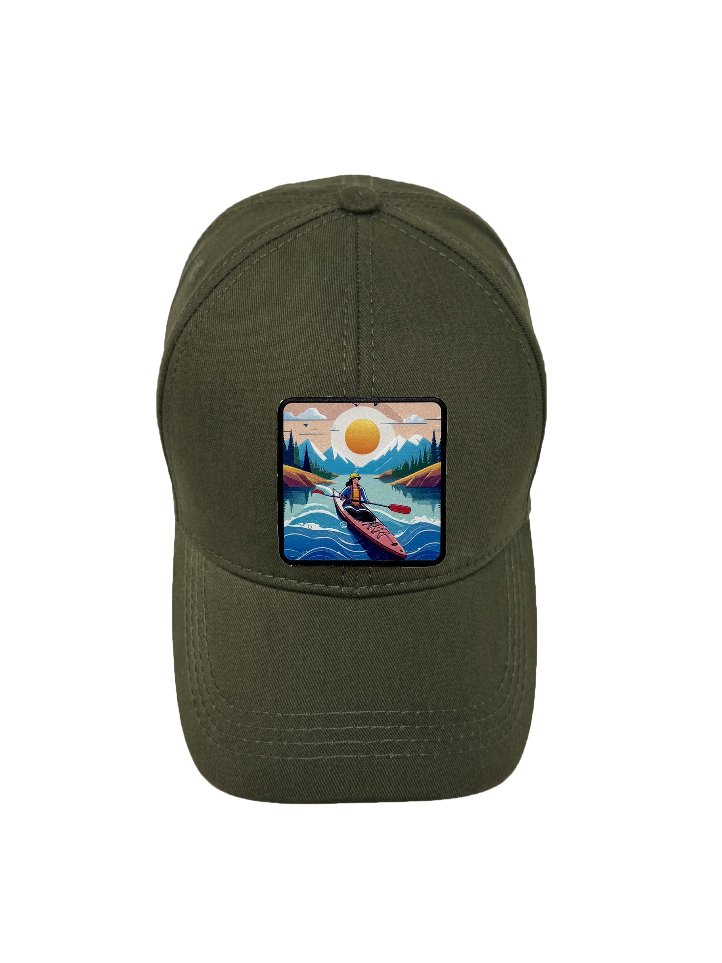 Sunset Kayak | Embossed Removable Adventure Patch 6 Panel Baseball Hat – %100 Cotton, Adjustable Strapback, Curved Bill , One Size Fits Most