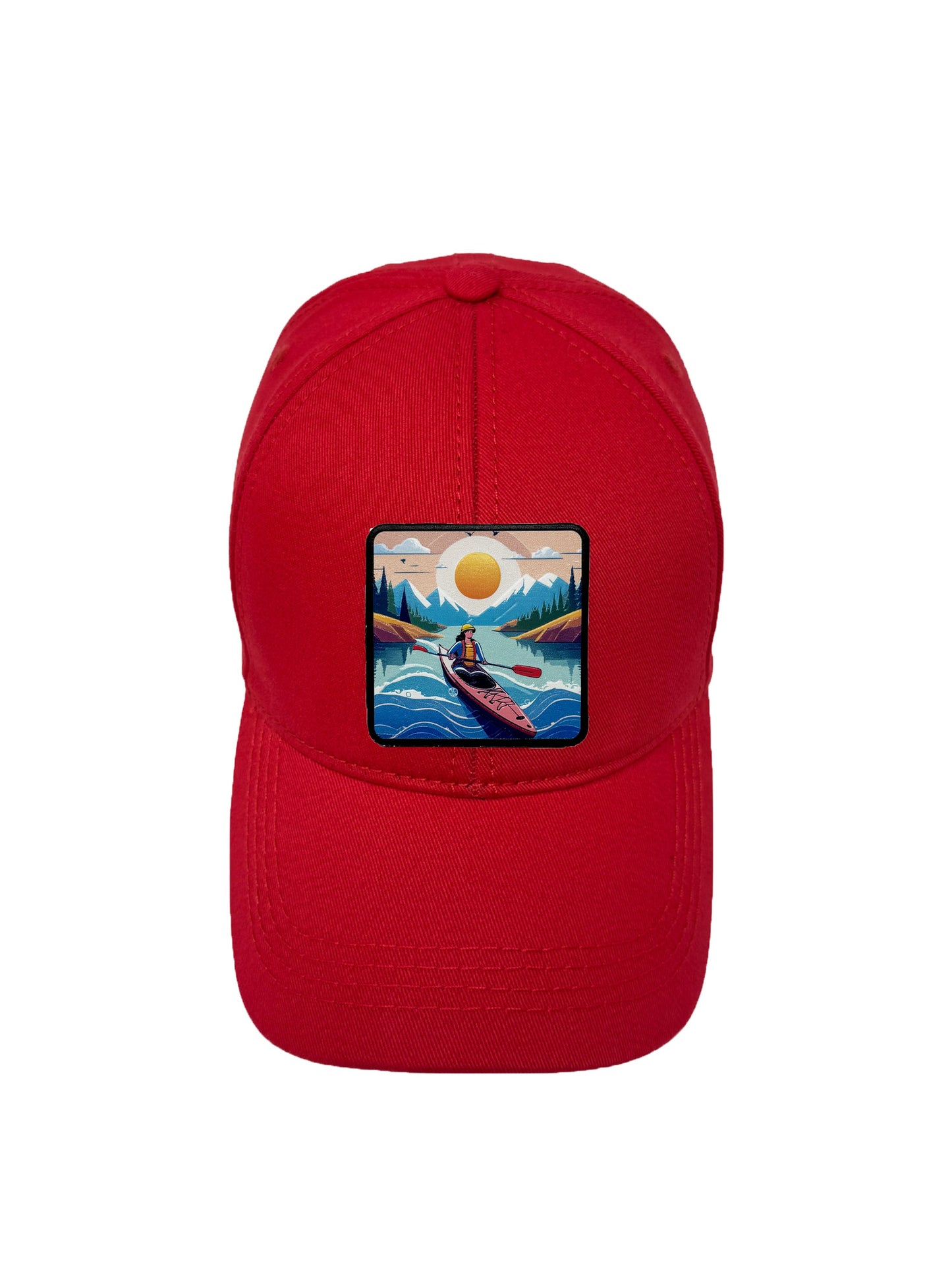 Sunset Kayak | Embossed Removable Adventure Patch 6 Panel Baseball Hat – %100 Cotton, Adjustable Strapback, Curved Bill , One Size Fits Most