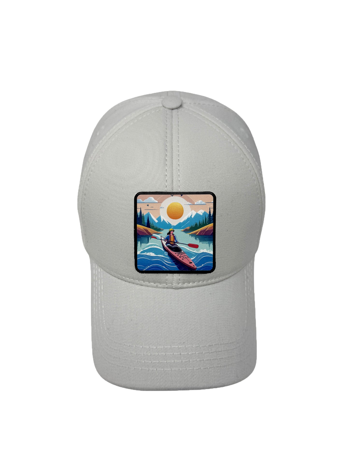 Sunset Kayak | Embossed Removable Adventure Patch 6 Panel Baseball Hat – %100 Cotton, Adjustable Strapback, Curved Bill , One Size Fits Most