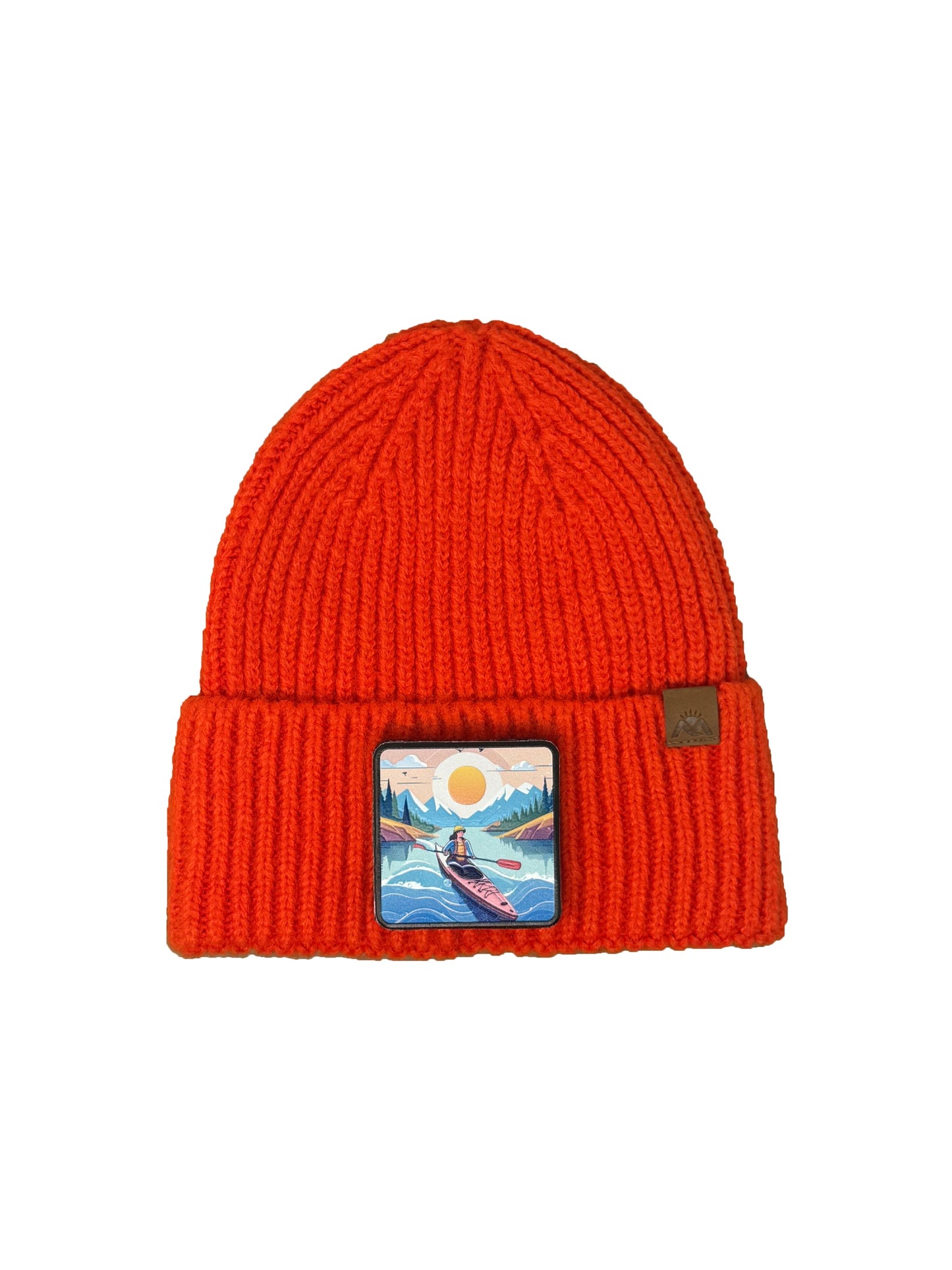 Sunset Kayak | Embossed Removable Adventure Patch Beanie - Wool Blend, Soft, Warm, One Size Fits Most