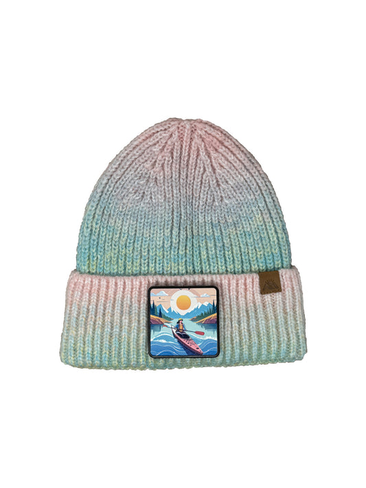 Sunset Kayak | Embossed Removable Adventure Patch Beanie - Wool Blend, Soft, Warm, One Size Fits All