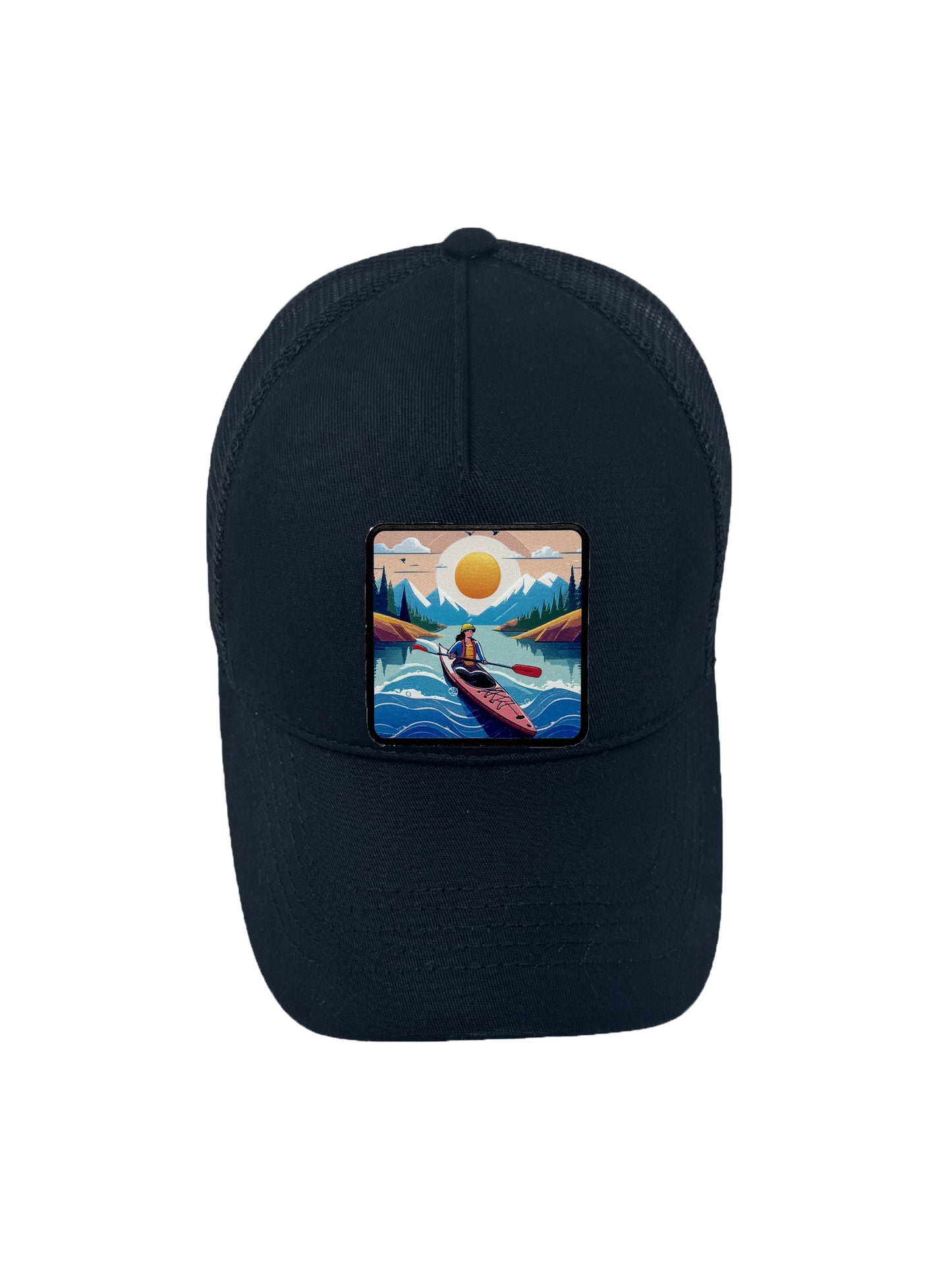 Sunset Kayak | Embossed Removable Adventure Patch Trucker Hat – Adjustable Snapback, Breathable Mesh, One Size Fits Most