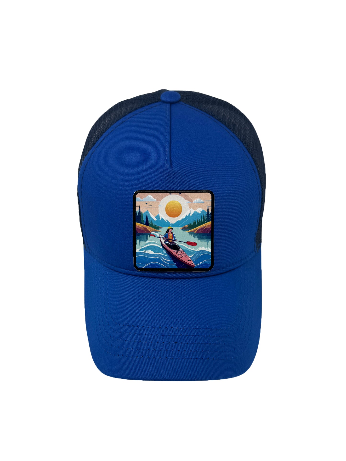Sunset Kayak | Embossed Removable Adventure Patch Trucker Hat – Adjustable Snapback, Breathable Mesh, One Size Fits Most