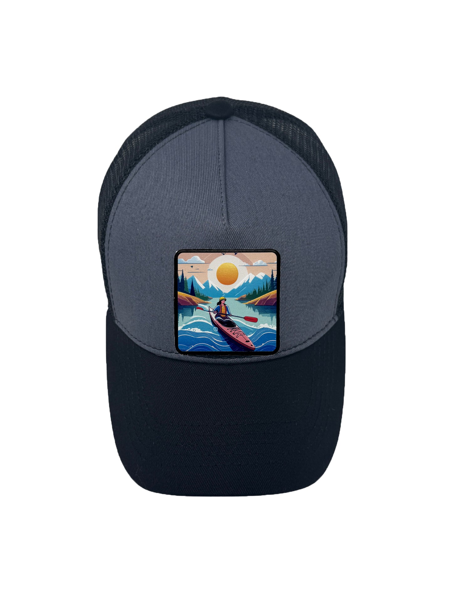 Sunset Kayak | Embossed Removable Adventure Patch Trucker Hat – Adjustable Snapback, Breathable Mesh, One Size Fits Most