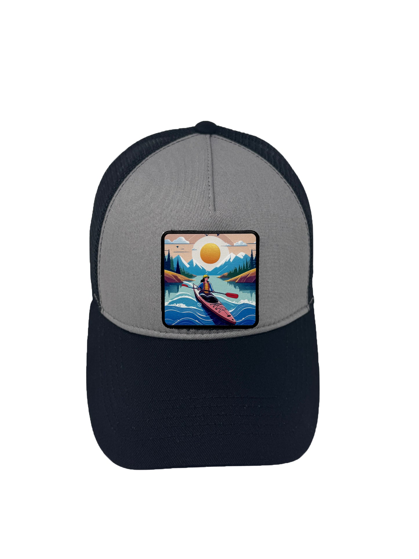 Sunset Kayak | Embossed Removable Adventure Patch Trucker Hat – Adjustable Snapback, Breathable Mesh, One Size Fits Most