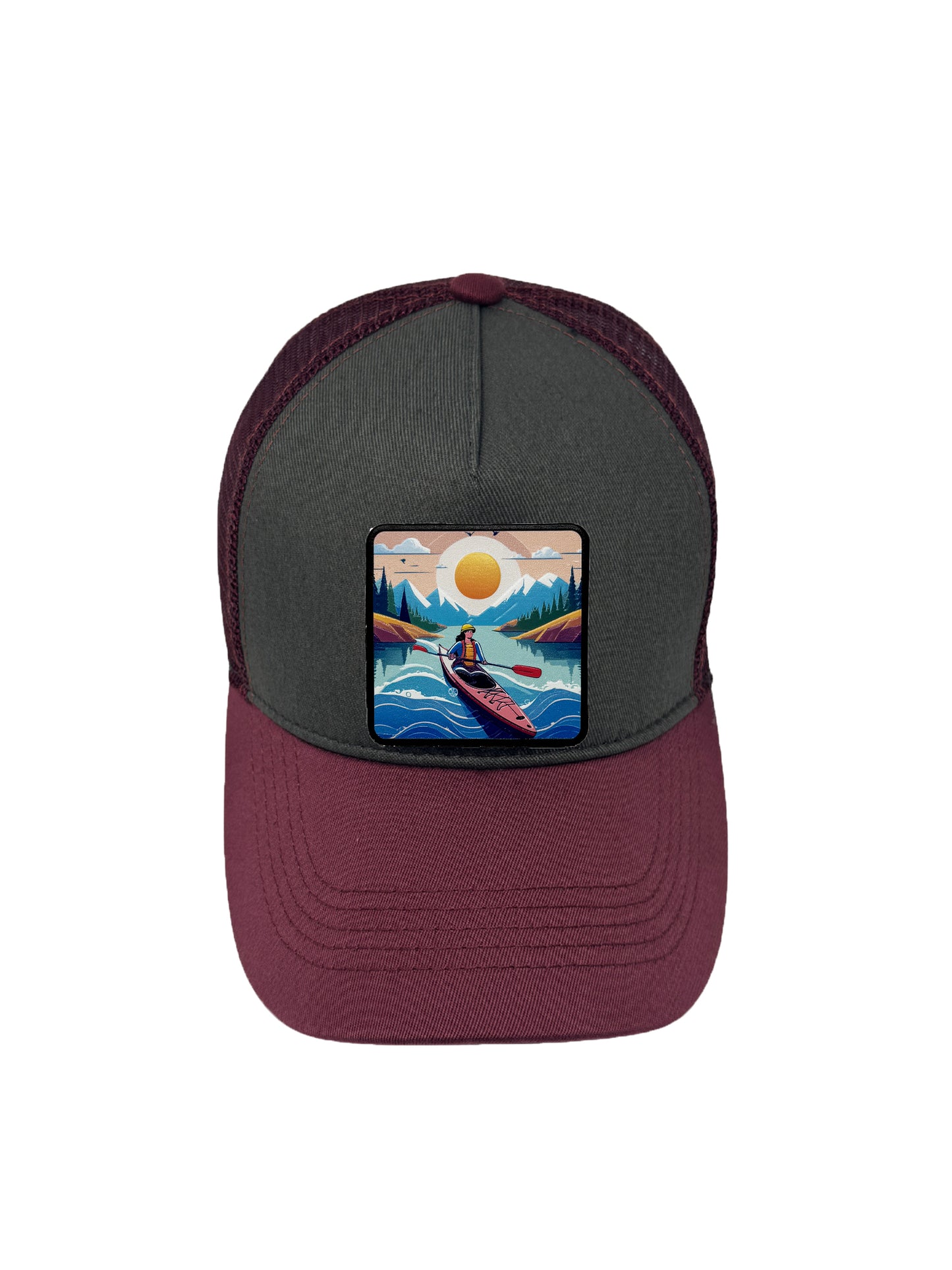Sunset Kayak | Embossed Removable Adventure Patch Trucker Hat – Adjustable Snapback, Breathable Mesh, One Size Fits Most