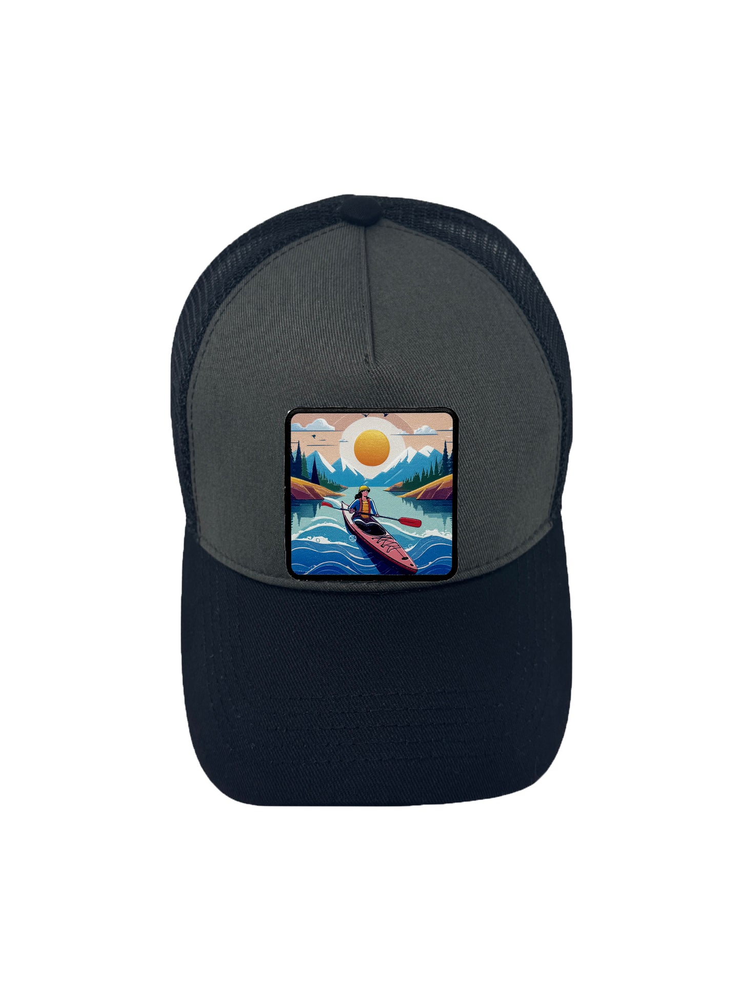 Sunset Kayak | Embossed Removable Adventure Patch Trucker Hat – Adjustable Snapback, Breathable Mesh, One Size Fits Most
