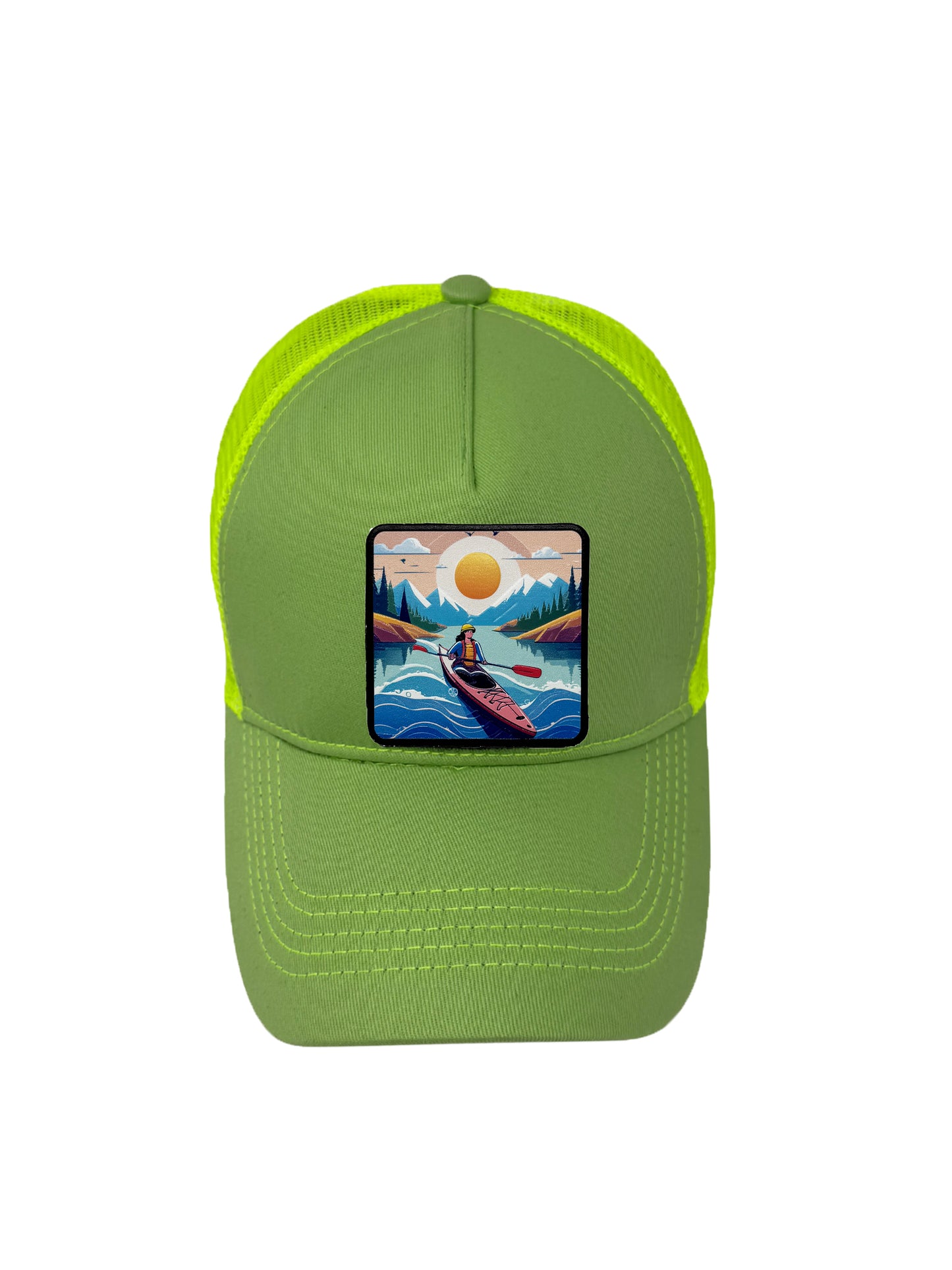 Sunset Kayak | Embossed Removable Adventure Patch Trucker Hat – Adjustable Snapback, Breathable Mesh, One Size Fits Most