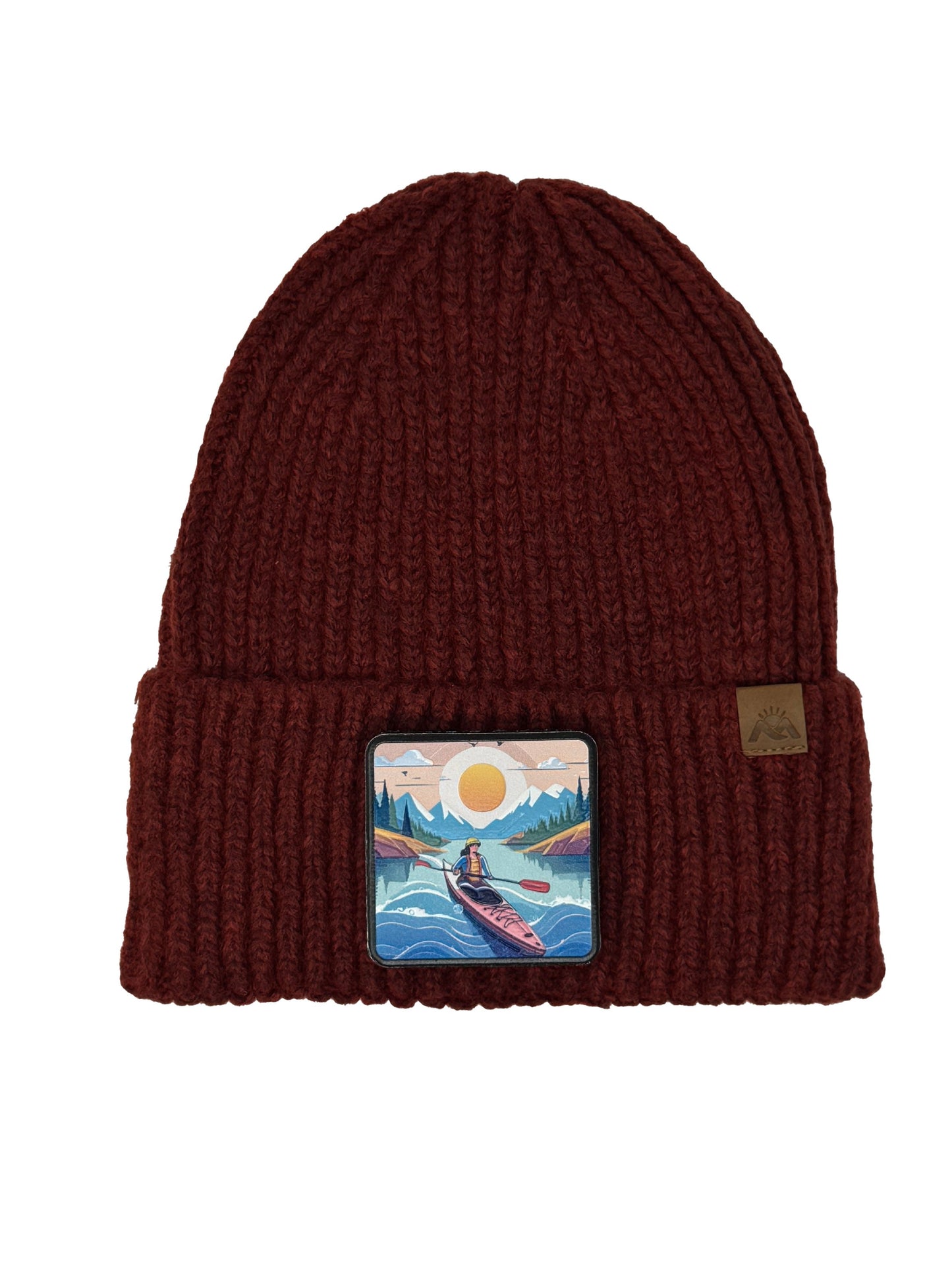 Sunset Kayak | Embossed Removable Adventure Patch Beanie - Wool Blend, Soft, Warm, One Size Fits Most