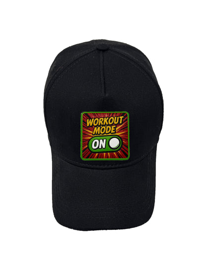 Workout Mode On | Embossed Removable Patch 5 Panel Baseball Hat – %100 Cotton, Adjustable Strapback, Curved Bill , One Size Fits Most