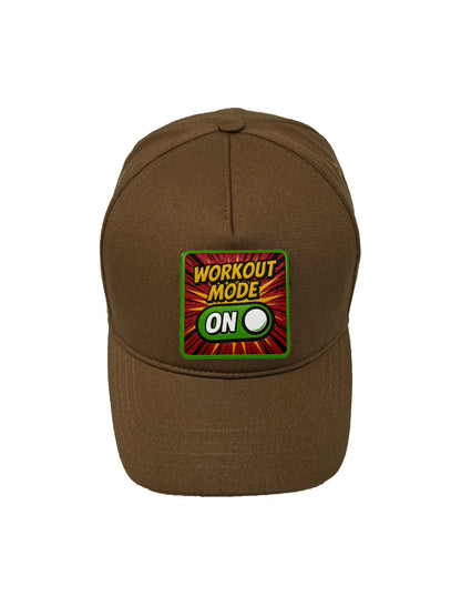 Workout Mode On | Embossed Removable Patch 5 Panel Baseball Hat – %100 Cotton, Adjustable Strapback, Curved Bill , One Size Fits Most