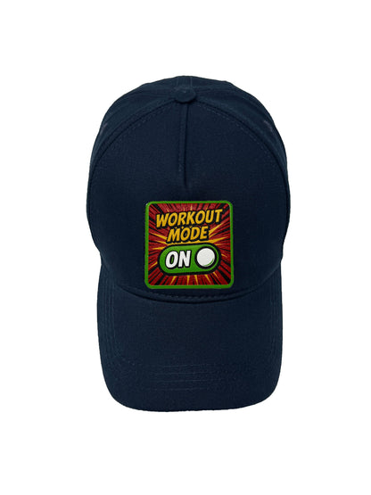 Workout Mode On | Embossed Removable Patch 5 Panel Baseball Hat – %100 Cotton, Adjustable Strapback, Curved Bill , One Size Fits Most