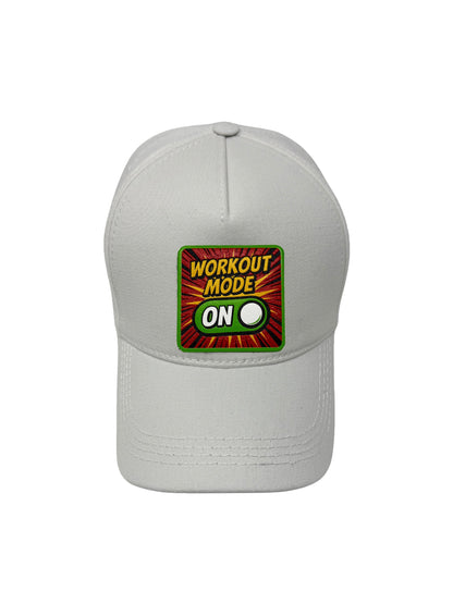 Workout Mode On | Embossed Removable Patch 5 Panel Baseball Hat – %100 Cotton, Adjustable Strapback, Curved Bill , One Size Fits Most
