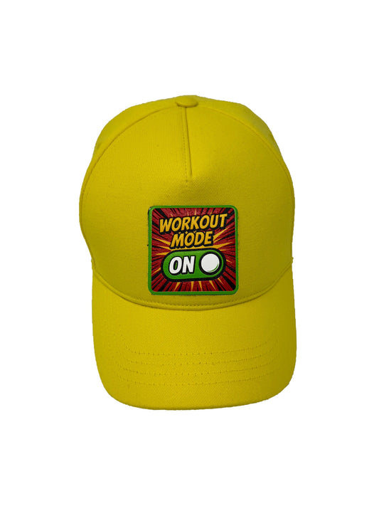 Workout Mode On | Embossed Removable Patch 5 Panel Baseball Hat – %100 Cotton, Adjustable Strapback, Curved Bill , One Size Fits Most
