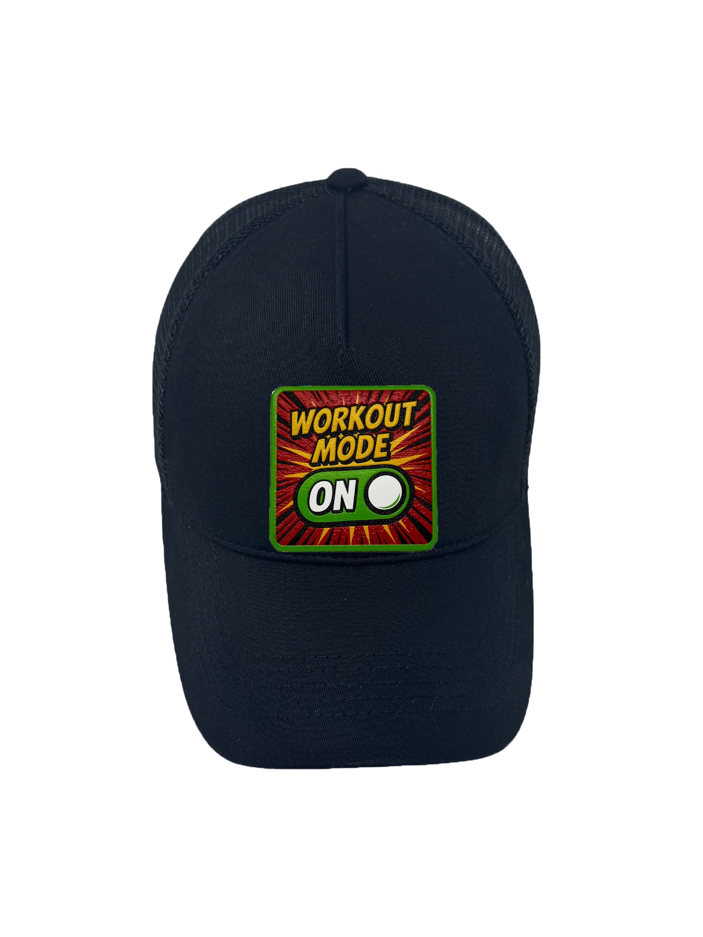Workout Mode On | Embossed Removable Fitness Patch Trucker Hat – Adjustable Snapback, Breathable Mesh, One Size Fits Most