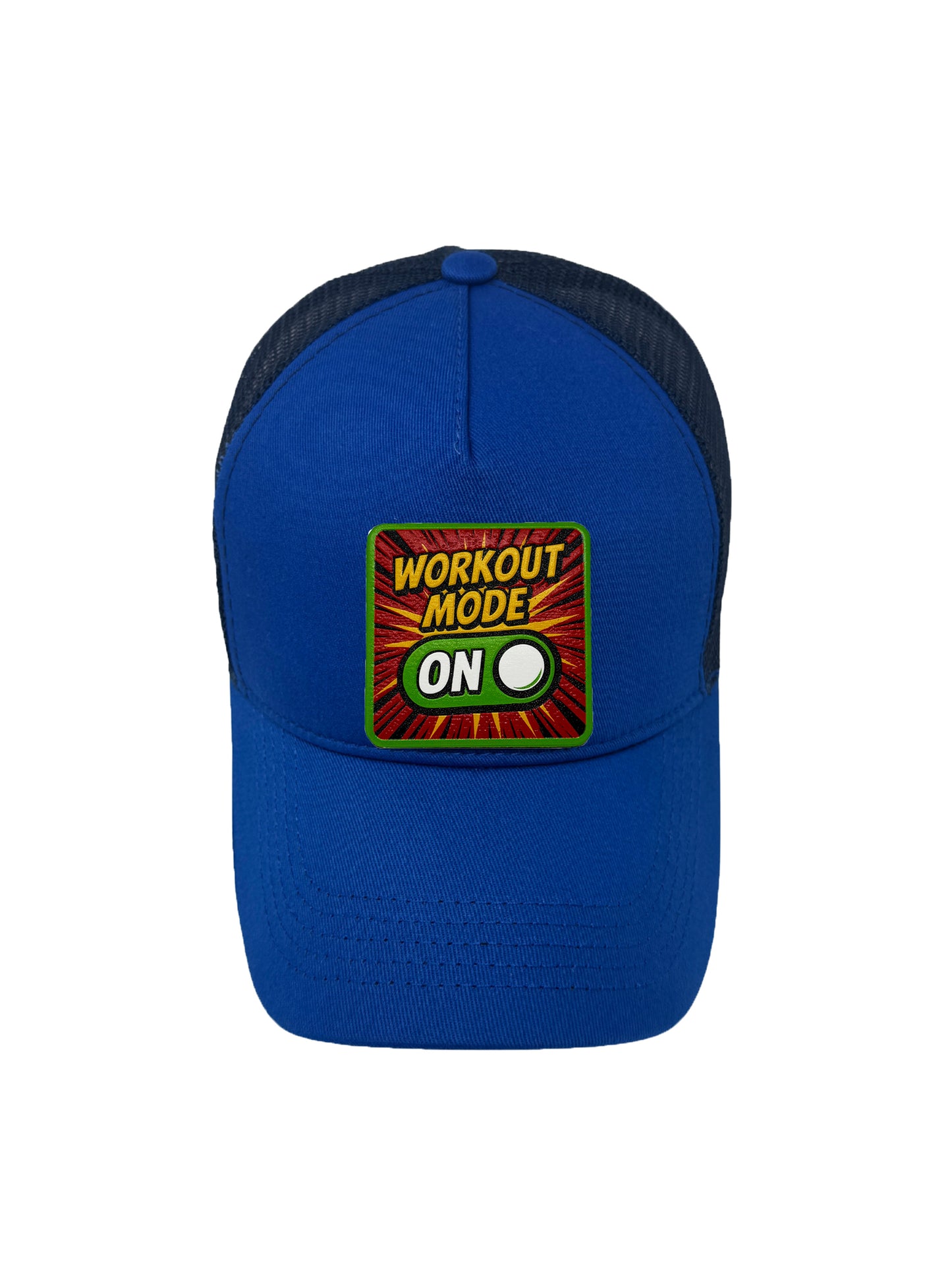 Workout Mode On | Embossed Removable Fitness Patch Trucker Hat – Adjustable Snapback, Breathable Mesh, One Size Fits Most