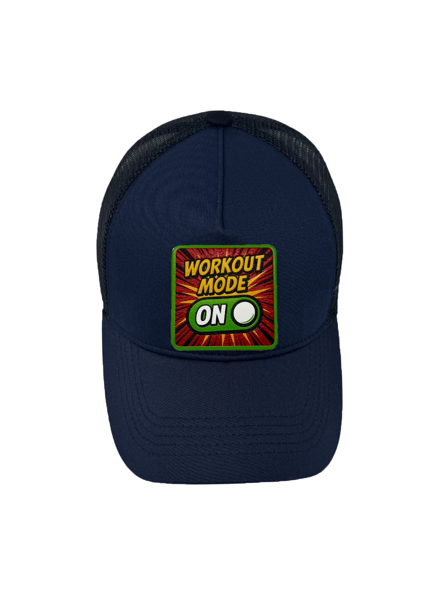 Workout Mode On | Embossed Removable Fitness Patch Trucker Hat – Adjustable Snapback, Breathable Mesh, One Size Fits Most