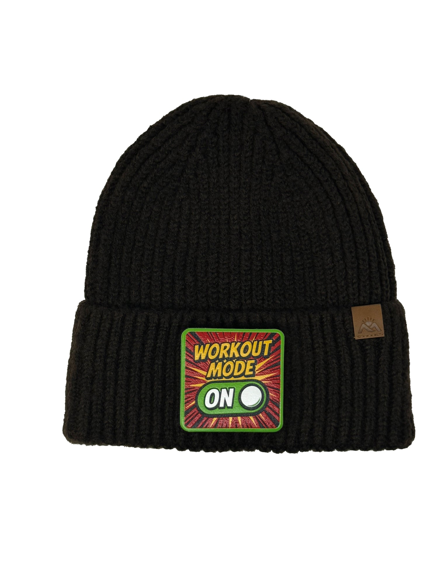 Workout Mode On | Embossed Removable Patch Beanie - Wool Blend, Soft, Warm, One Size Fits Most