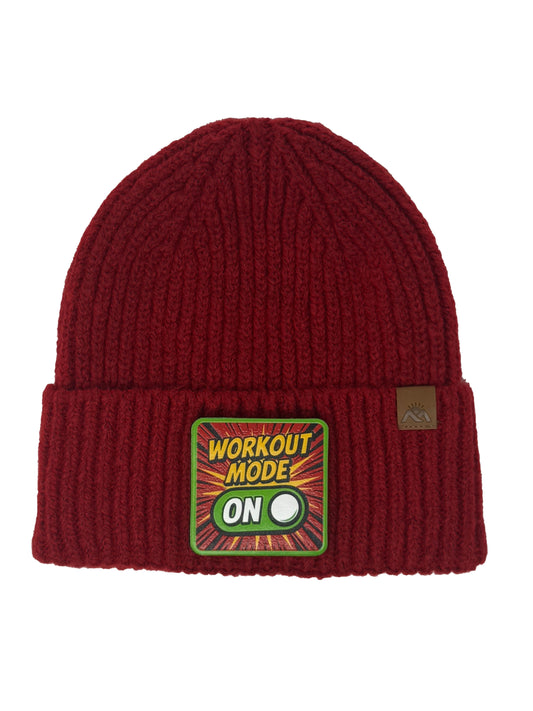 Workout Mode On | Embossed Removable Patch Beanie - Wool Blend, Soft, Warm, One Size Fits All